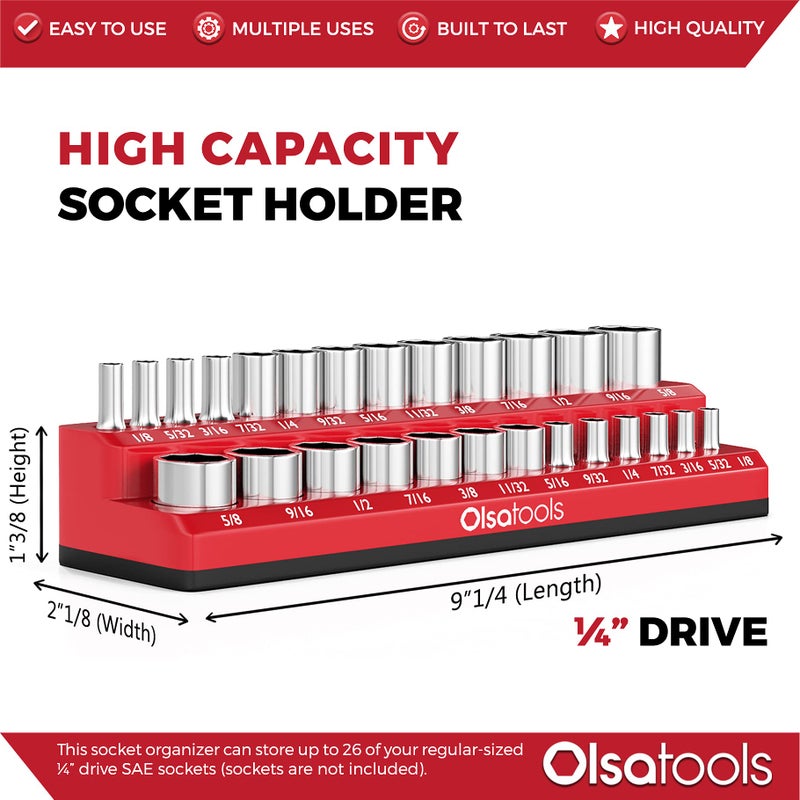 Olsa Tools Magnetic Socket Organizer | 1/4-inch Drive | SAE | RED | Holds 26 Sockets | Professional Quality Tools Organizer - Image 2